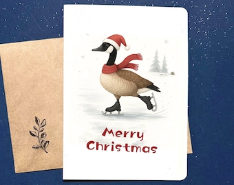 Tarjeta navideña divertida de ganso, ganso canadiense patinando sobre hielo (A6)