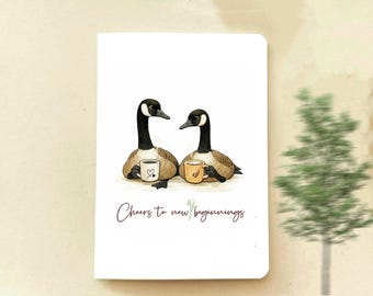 Cheers to New Beginnings Card,  Canada Goose with Coffee, Blank Inside New Year / Congratulations / New Job