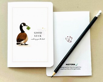Tarjeta de buena suerte con ganso canadiense, trébol de cuatro hojas, ánimo, examen, nuevo trabajo, despedida, animal minimalista