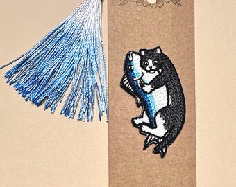 Cat & Fish Embroidered Bookmark, Blue Tassel Kraft Bookmark, Bookish Gift