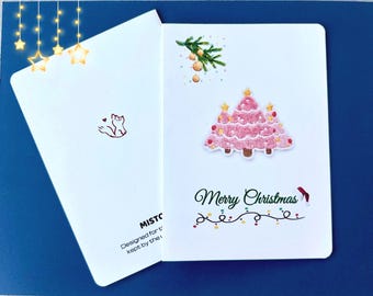 Pink Christmas Tree  Card A6 Merry Christmas , Pastel Holiday Greeting, Blank Inside