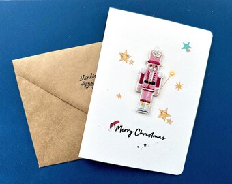 Pink Nutcracker Embroidered Christmas Card, Removable Patch Keepsake, 5x7 Blank Inside