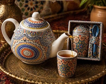 Juego de tetera de cerámica marroquí pintada a mano – Regalo de té de cerámica de Fez