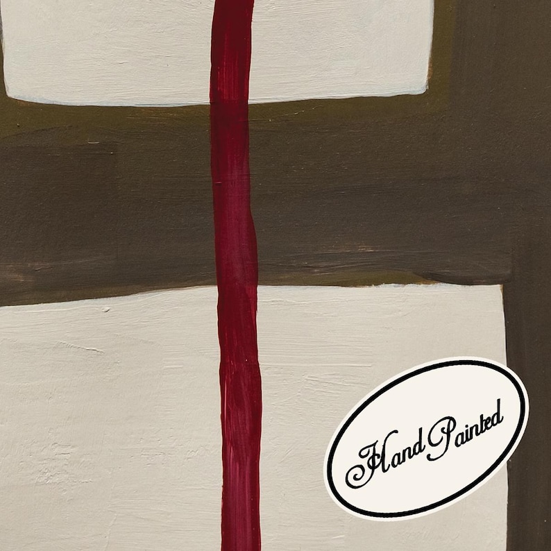May include: Abstract hand-painted artwork featuring a vertical crimson stripe against a backdrop of white and brown rectangular shapes. The artwork has a textured appearance, with the words "Hand Painted" in a decorative font.