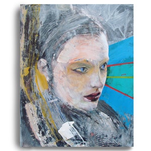 abstract figure painting on wood panel , Original Figure painting,  Portrait of a woman, What, 11 by 14 inches