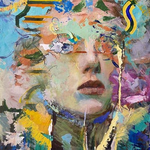 Figure Painting of a Woman in Thought with Pink and Yellow and Green 11 by 14 inches Oil and Acrylic Painting