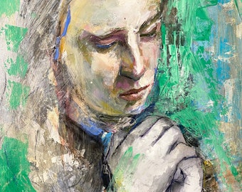 abstract figure painting on wood panel , Original Figure painting,  Portrait of a woman, The Daughter v2, 11 by 14 inches