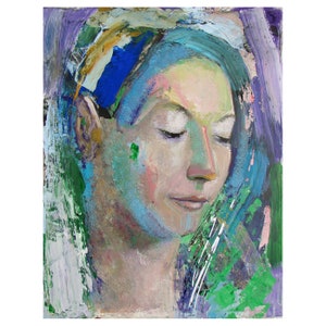 Figure Painting of a Woman in Thought with Green11 by 14 inches Oil and Acrylic Paintingrtrait of a woman, Cognitive Calm, 11 by 14 inches