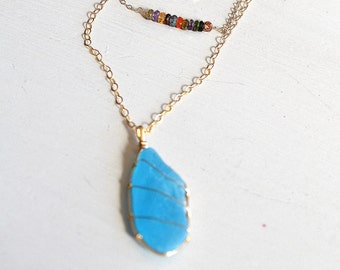 Layered Gold Filled Necklaces Heart, Gemstone and Sea Glass Blue, Aqua