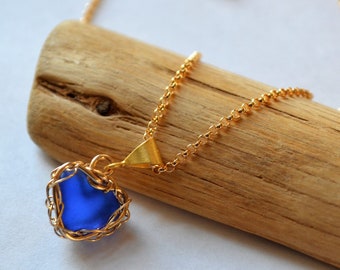 Sea Glass Heart Pendant Necklace with 18 inch GF chain Necklace, Bright Blue Tiny Glass Genuine Sea Glass Hand Knitted Gold Filled Wire