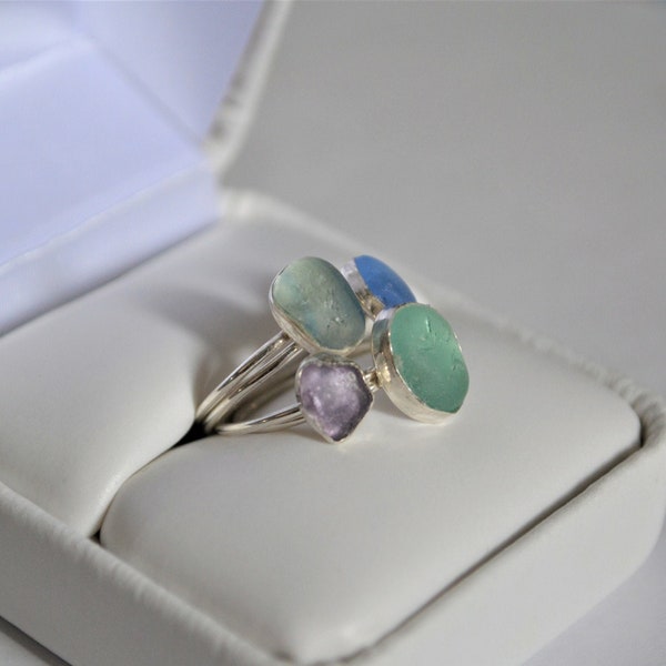 Hold for customer-Size 5 Sea glass Rings Stackable Sterling Silver Cornflower Blue,  Soft Aqua Green, Dark Purple, or  Blue Multi