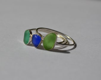 Size 9 Seaglass Rings Stack able Sterling Silver light Aqua from Seaham beaches