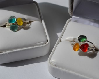 Size 6 Seaglass Rings Stack able Sterling Silver Red, Bright yellow,  Green, Amber yellow, Soft Aqua,or  Aqua clear multi sea glass beach