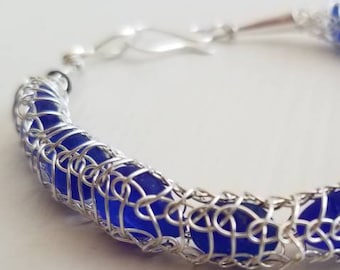 Silver Bracelet Sea Glass Brilliant Blue Silver Knitted Wire