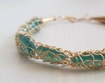 Bracelet Genuine Teal Sea Glass from Greece and Gold filled Knitted Wire