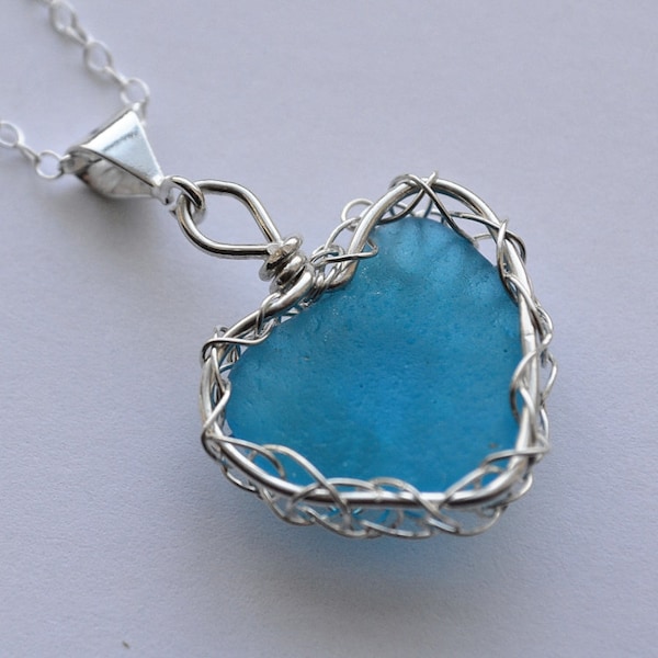 Aqua Sea Glass Heart Pendant with 20 inch chain Necklace,Sea Glass From Puerto Rico Hand Knitted Fine Silver Wire