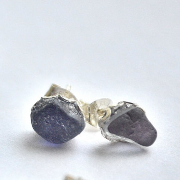 Clearance sale Genuine Sea Glass Post or Stud Earrings in Sterling Silver Mounts Purple