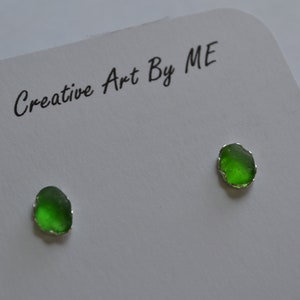 sale Green Genuine Sea Glass Post or Stud Earrings in Sterling Silver Mounts image 1