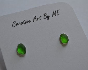 sale Green Genuine Sea Glass Post or Stud Earrings in Sterling Silver Mounts