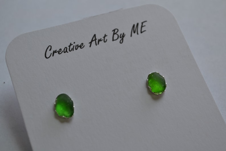 sale Green Genuine Sea Glass Post or Stud Earrings in Sterling Silver Mounts image 1