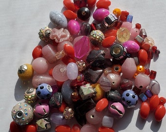 Mix lot of Red, Orange, Pink, Yellow and Purple Glass and Plastic beads