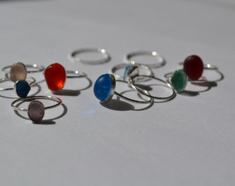 Size 5 Sea glass Rings Stackable Sterling Silver Red, Orange, Aqua ,or Multi green or blue, soft purple, soft pink