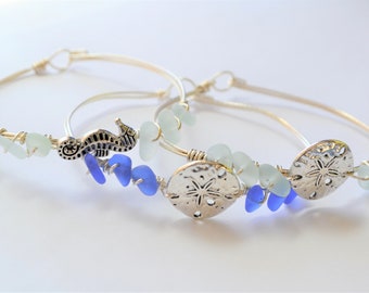 Sea Glass Silver Wire Bangle Bracelet,  Sand dollar Or Seahorse , Cobalt Blue or Soft Light Aqua