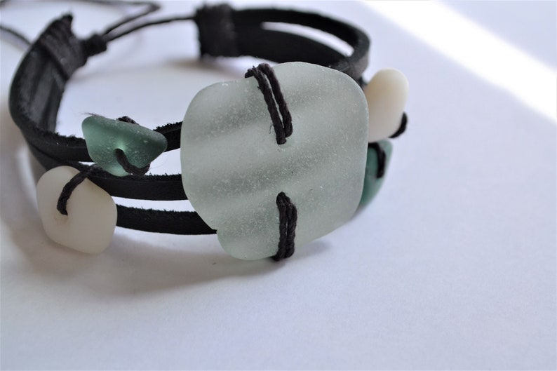 Leather Bracelet Greek and California Sea Glass Beads with Adjustable Tie image 2