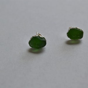 sale Green Genuine Sea Glass Post or Stud Earrings in Sterling Silver Mounts image 4