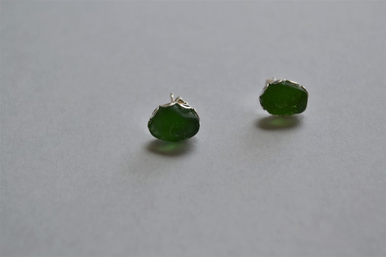 sale Green Genuine Sea Glass Post or Stud Earrings in Sterling Silver Mounts image 4