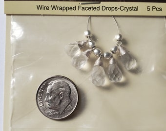 Wire Wrapped  Faceted Clear crystal Drop Beads set of 5
