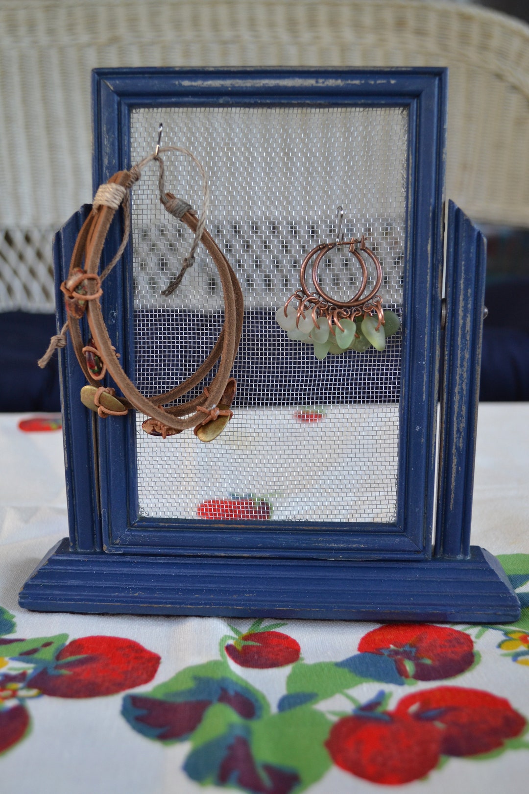 Blue and Silver Vintage Tabletop Photo Frame Earring Organizer Holder