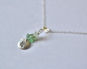 Sale Hand Stamped Leaf pendant gemstone Garnet or Aventurine Silver 18" Necklace