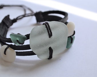 Leather Bracelet Greek and California Sea Glass Beads with Adjustable Tie