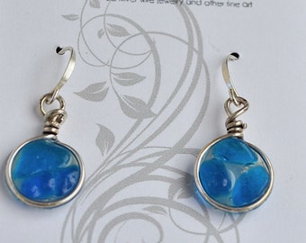 Sale Genuine Sea Glass Aqua Blue Silver Circle Resin Drop Mosaic Earrings