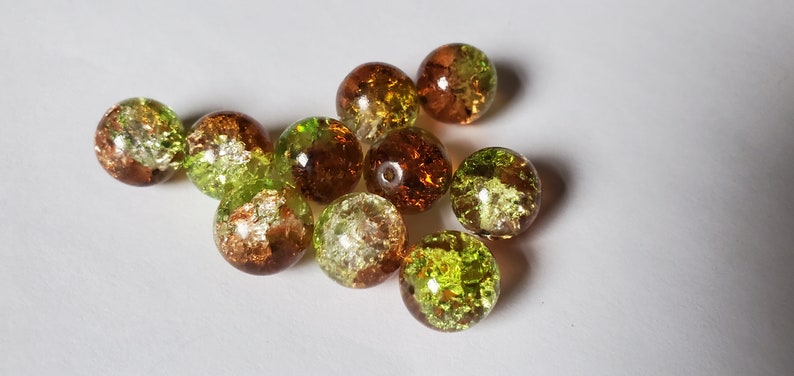 Glass Crackle green and brown beads 12mm image 4