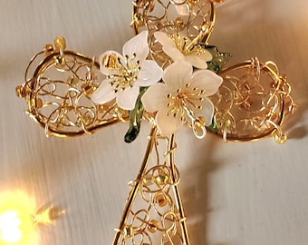 Gold Cross Hand Knitted Wire Ornament or Wall Décor