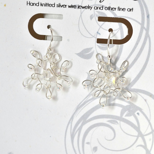 Hand knitted Fine Silver Wire Snowflake Earrings with Crystal and glass beads