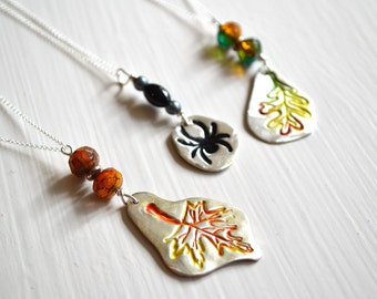 Sale-Fall Leaf or Spider Pendant PMC Fine Silver hand painted with Sterling Silver 18 inch chain Necklace