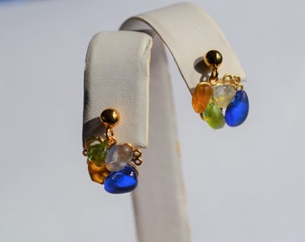 Sea Glass Genuine Gold Plated Earrings Sea Glass From Puerto Rico, Brown, White, Green and Blue