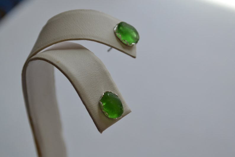 sale Green Genuine Sea Glass Post or Stud Earrings in Sterling Silver Mounts image 3