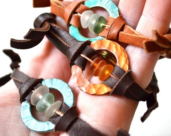 Leather Bracelet Sea Glass and Copper circle with deer skin adjustable band