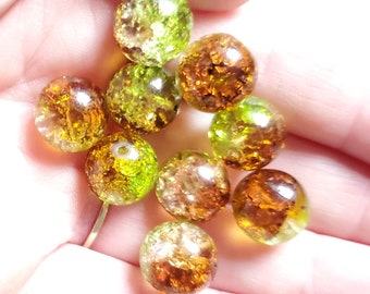 Glass Crackle green and brown beads 12mm