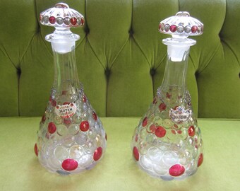 2 Hobnail Glass Decanters with Red Flashing
