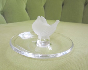 Signed Lalique Crystal Finch Bird Ring Dish