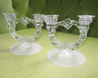 Indiana Glass Fruit Garland Frosted Double Candlesticks (2)