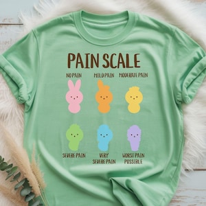 May include: Mint green t-shirt with a graphic of a pain scale featuring colorful cartoon characters. The scale ranges from "No Pain" to "Worst Pain Possible." The text "MINT GREEN" is at the bottom of the shirt.