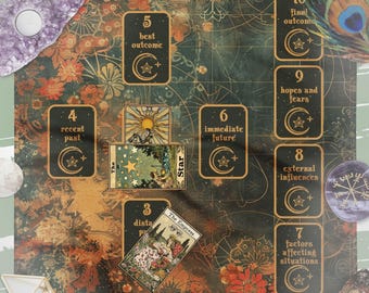 Dark Academia Altar Cloth, Celtic Cross Tarot Spread Cloth, Learn Tarot Card Reading Pagan Altar Cloth, Tarot Card Wrap, Tarot Accessories
