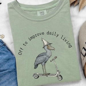 May include: Sage green Comfort Colors t-shirt with a graphic of a Shoebill stork wearing a wizard hat and riding a scooter. Text around the graphic reads "Off to improve daily living."