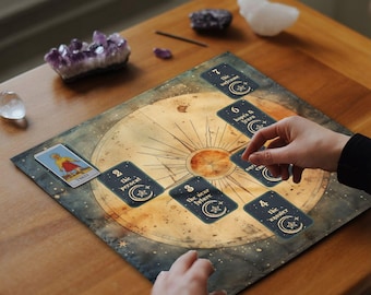 May include: A tarot card reading setup on a wooden table. A celestial-themed mat displays a sunburst design with several tarot cards laid out. The cards are labelled with phrases like "the present" and "the near future".